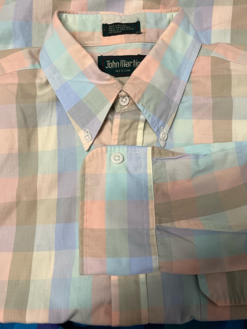 Vintage 80s John Martin Pastel Plaid Dress Shirt Men’s M Slim Button Down Preppy